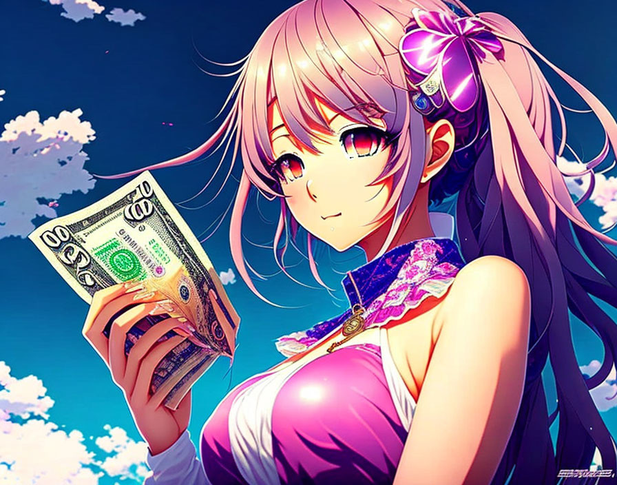 Pink-haired anime girl holding dollar bill under blue sky
