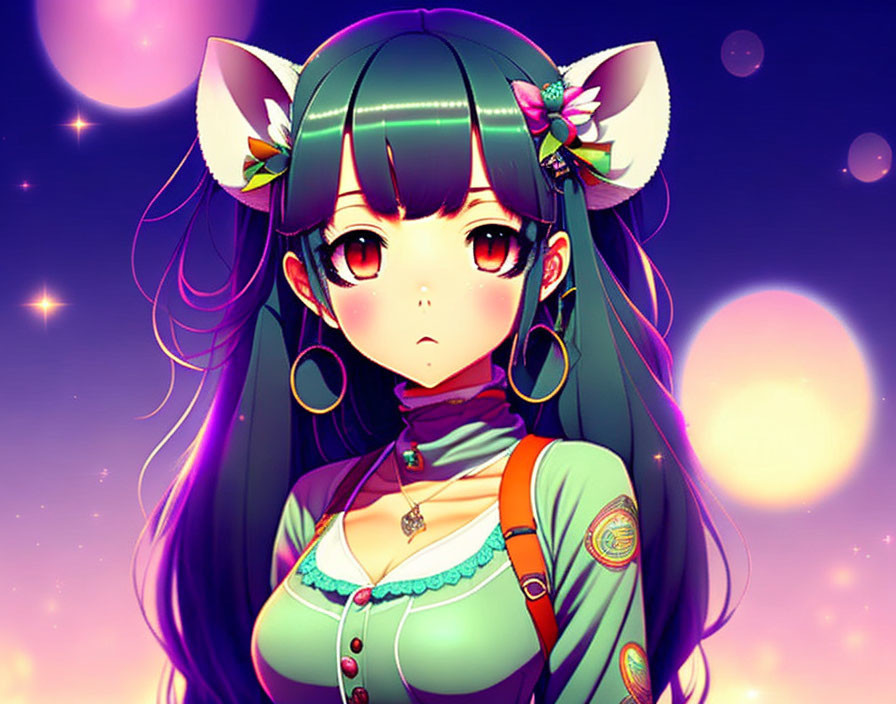 Green-haired anime girl with cat ears in green outfit on pink and purple starry background