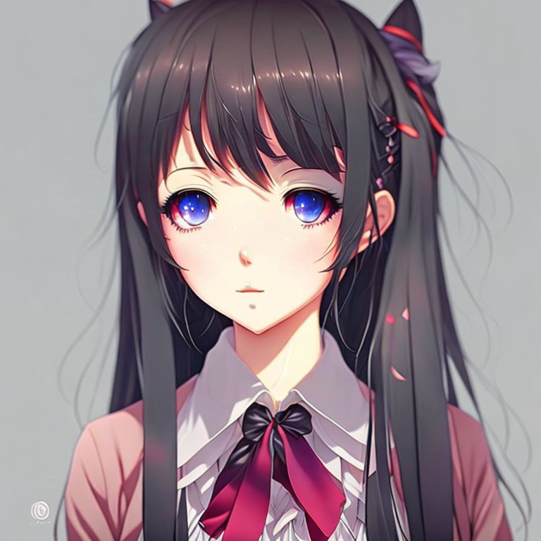Black-Haired Anime Girl with Cat Ears and Blue Eyes