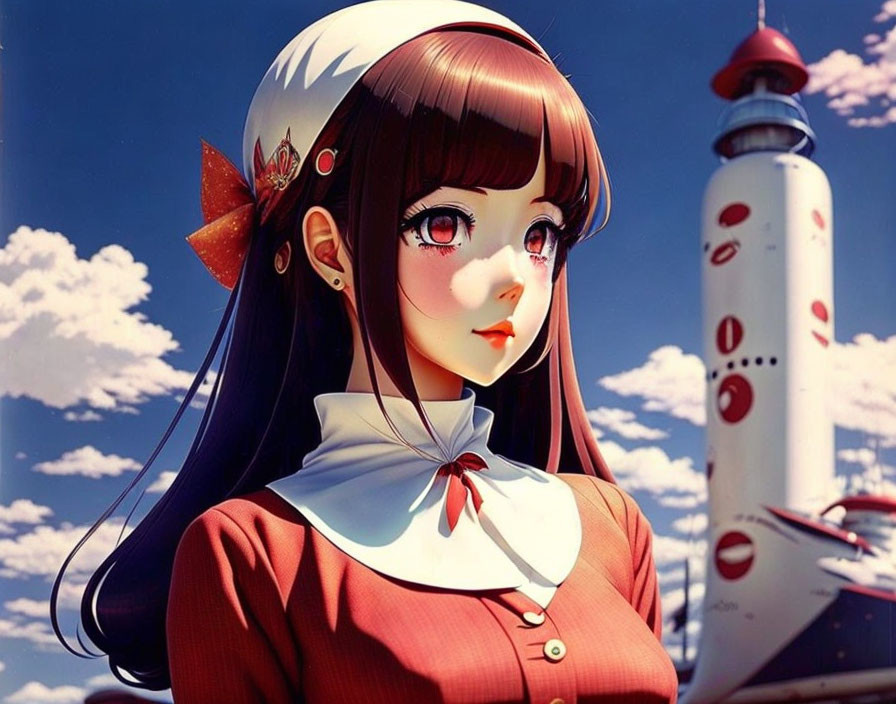 Illustration of girl with brown hair and red bow in front of lighthouse and blue sky
