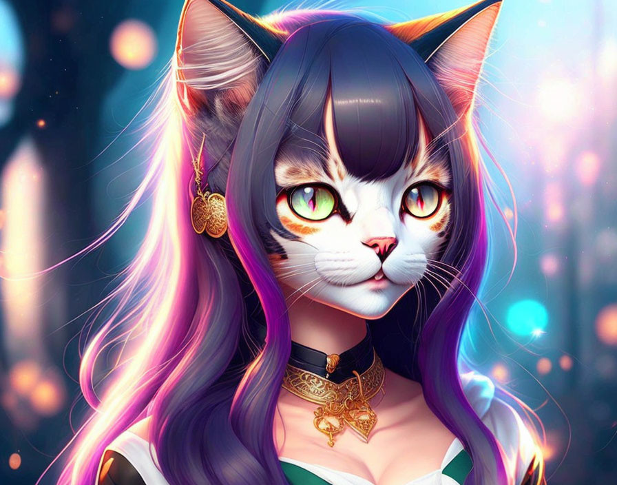 Anthropomorphic cat illustration with multicolored hair and green eyes