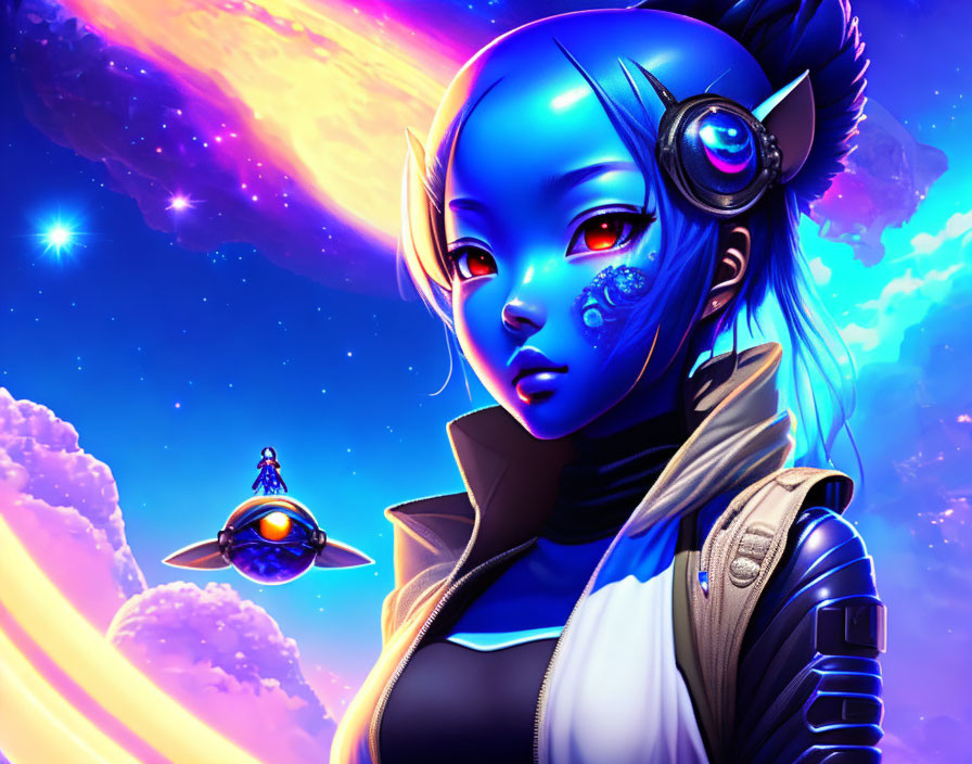 Futuristic female with blue skin and cybernetic enhancements in space scene