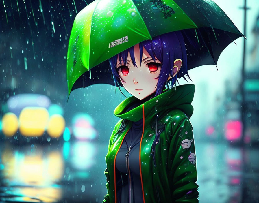 Red-eyed animated character under green umbrella in city lights