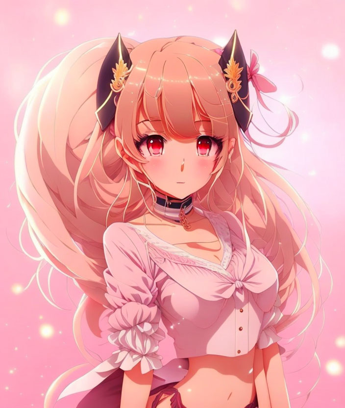 Pink-eyed anime girl with long wavy hair in gold hair accessories, white top, and choker