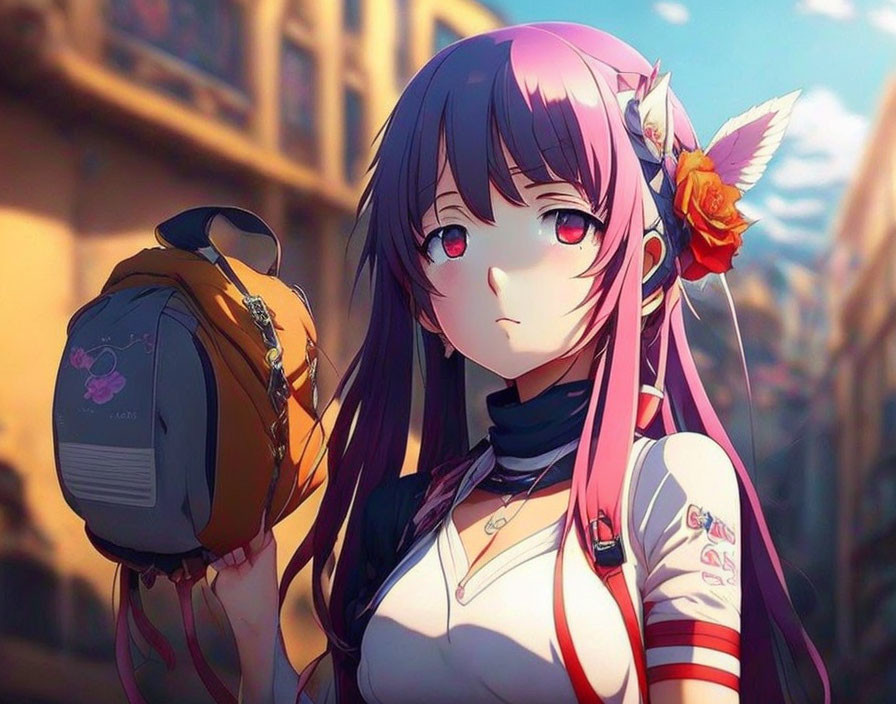 Pink-Haired Female Anime Character with Red Eyes Holding Backpack and Orange Flower Against Street Background
