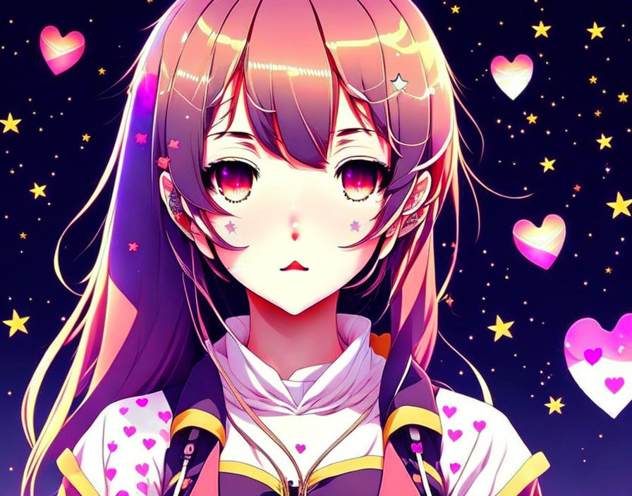 anime girl in anime style, kawaii, hearts, stars