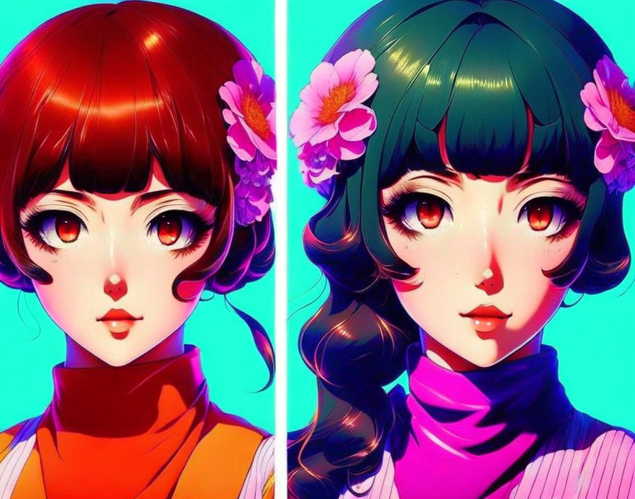 Stylized female characters with large eyes and colorful hair on vibrant turquoise background