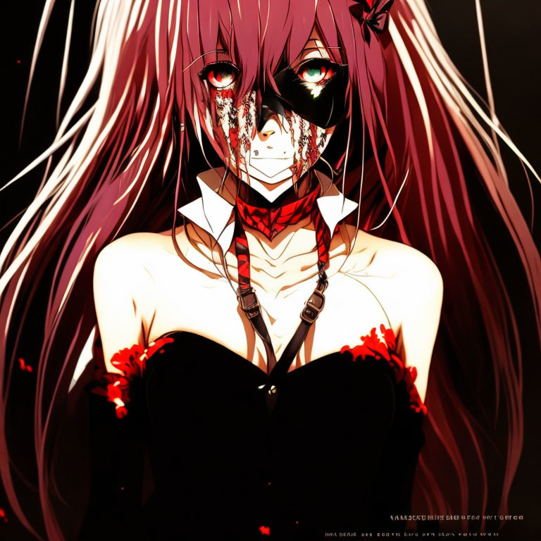 Illustration of girl with long pink hair, red eyes, dark attire, and bandages.