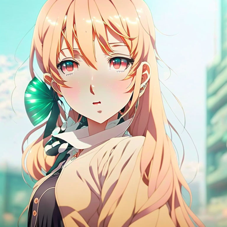 Blond Anime Girl with Blue Eyes and Green Earring in Cityscape