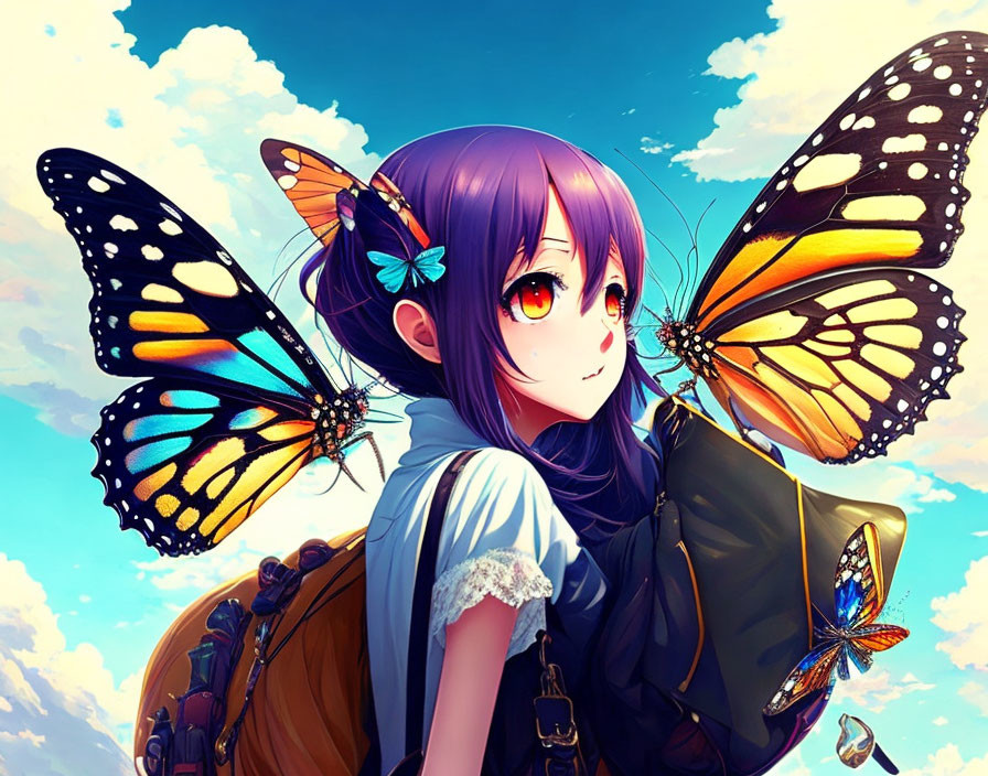 Purple-haired anime girl with butterfly wings in blue sky.