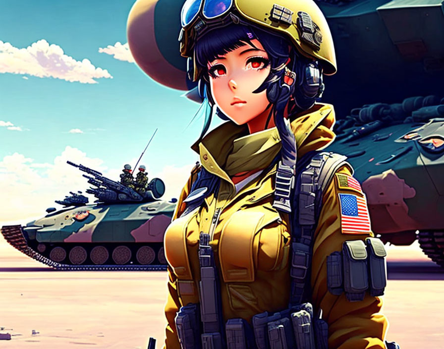 Female character in military outfit with helmet, tanks, blue sky.