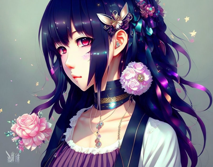 Dark-haired girl with floral adornments in anime style illustration.