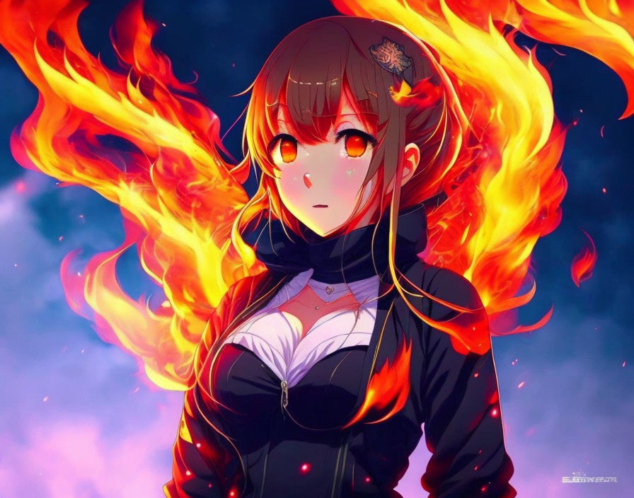 Red-eyed animated character with fiery wavy hair and flaming back, set in a starry blue background