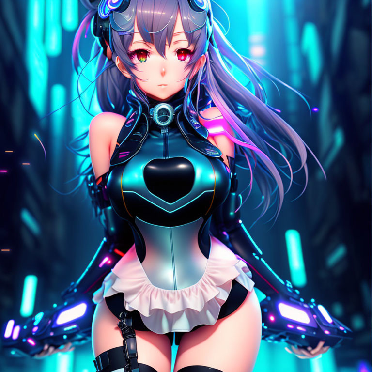 Purple-haired anime-style female character in futuristic black bodysuit with white accents on glowing neon background