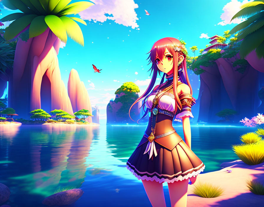 Anime character with long pink hair by vibrant blue lake and lush greenery