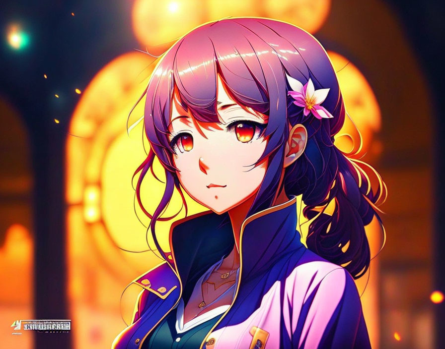 Purple-haired female character in blue jacket with amber eyes and flower, against warm bokeh backdrop.