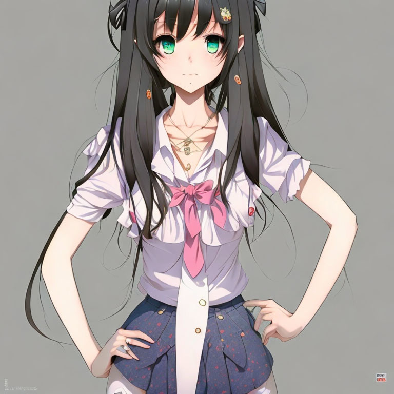 Long black hair, green eyes, white and purple shirt, pink tie, blue skirt, golden necklace