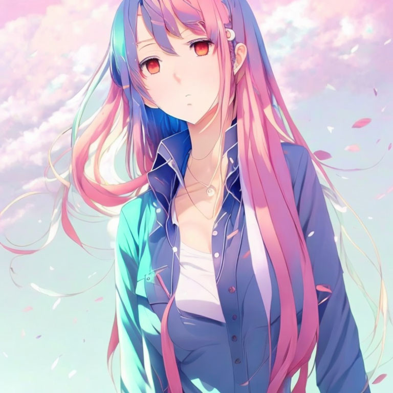 Stylized anime girl with pink and blue hair and golden eyes in a soft pink sky.