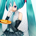 Aqua-haired anime girl eating pizza in futuristic jacket