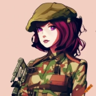 Female soldier illustration with helmet, headset, rifle, and military patches on pink background