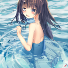 Blue-haired girl floating on water surrounded by petals in blue and white dress.
