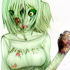 Anime girl with green hair and red eyes, floral gun and dress with bloodstains