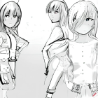 Three anime-style girls in matching maid-like outfits with white blouses, black accents, and short skirts