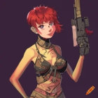 Anime character with auburn hair in military gear with rifle on purple background