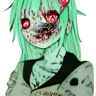 Anime character with mint green hair, red eyes, and black maw in dark school uniform.