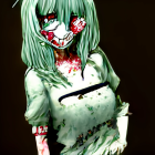 Melancholic green-haired anime girl with bloodied face in red leaves.