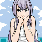 Anime girl with long purple hair and red eyes smiling by the sea and sky