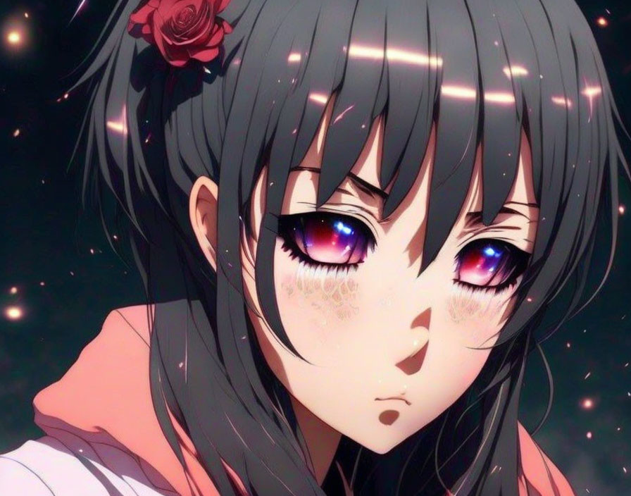 Anime girl with black hair, red flower, and purple eyes in starry setting