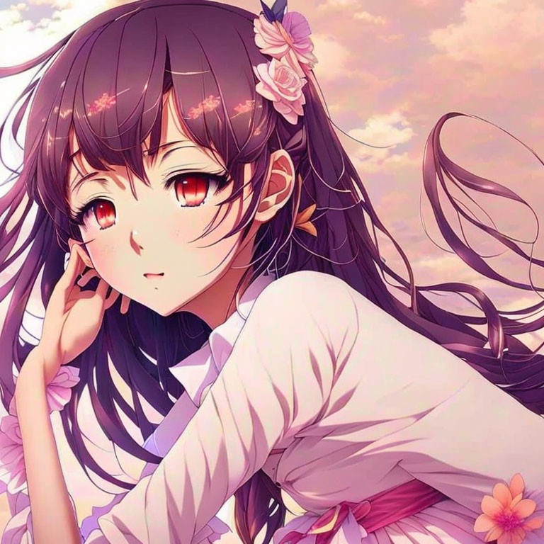 Long Brown-Haired Anime Girl in Purple Outfit with Red Eyes and Pink Flowers at Sunset
