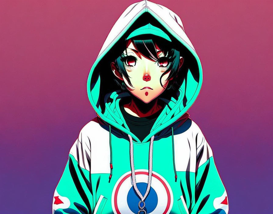 Anime character with black hair, red eyes, colorful hoodie, necklace, pink & purple gradient.