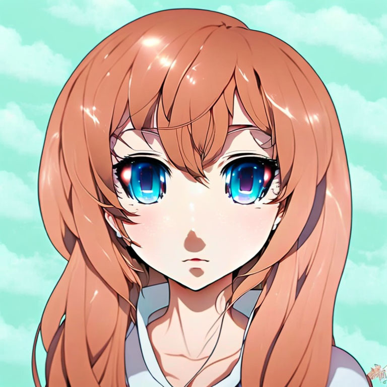 Anime character: Blue-eyed with auburn hair on sky-blue background