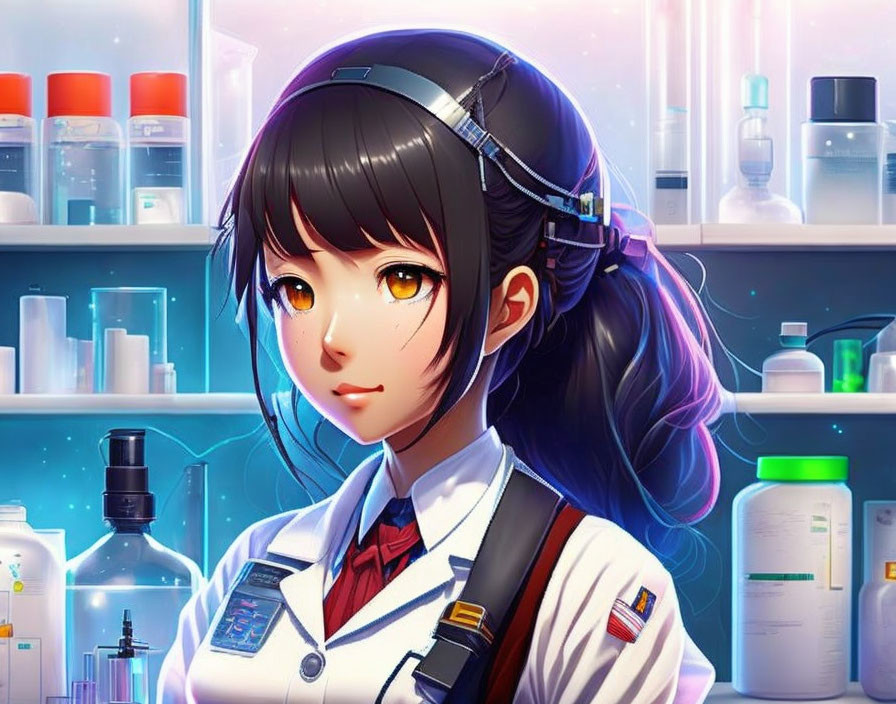 Illustration of girl in lab coat with headset among lab equipment
