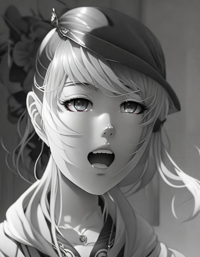 Detailed monochrome image of surprised animated girl with cap and flowing hair