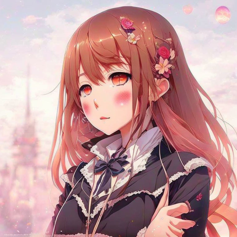 Brown-haired anime girl with floral adornments blushing on pink background with sparkles and tower.