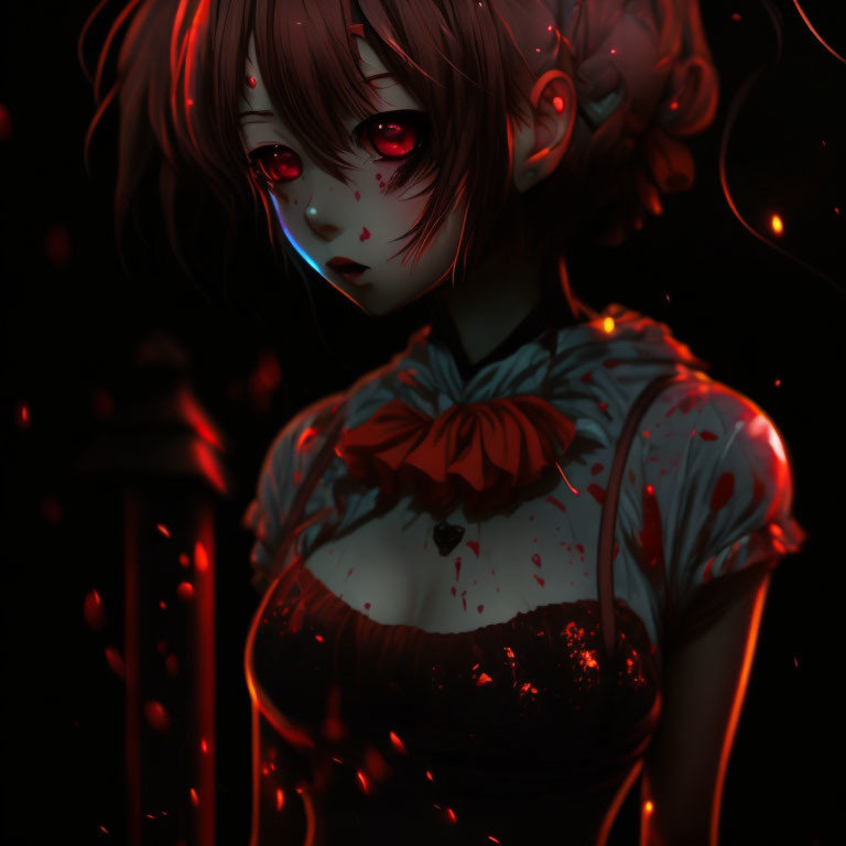 Dark Anime-Style Illustration: Girl with Blood-Red Eyes and Splatters