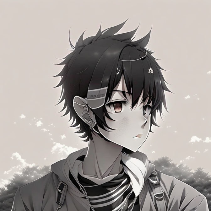 Stylized anime character with spiky hair, headphones, and scarf under cloudy sky
