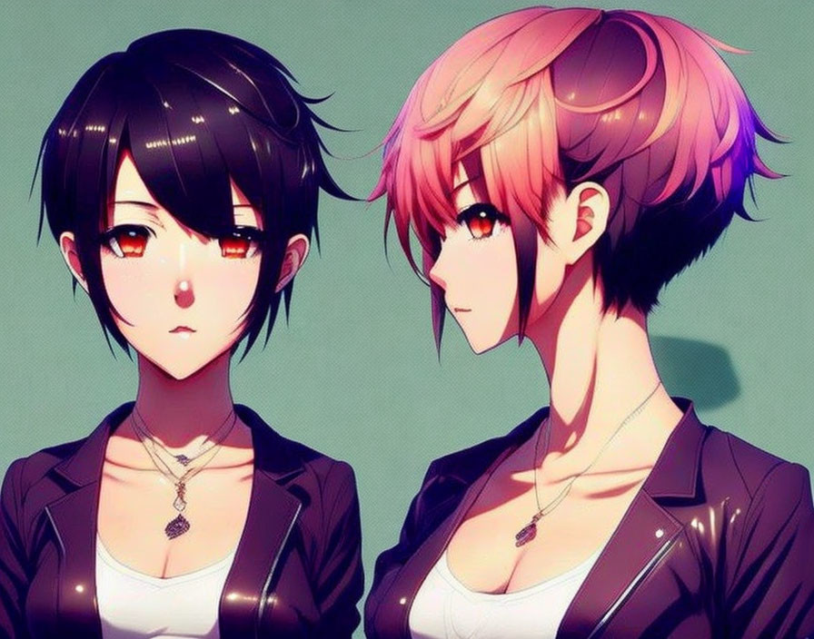 Anime-style female characters with short hair: one with black hair and red eyes, the other with pink