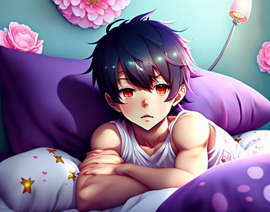 Anime-style character with black hair and red eyes on bed with pink pillows and floral pattern.