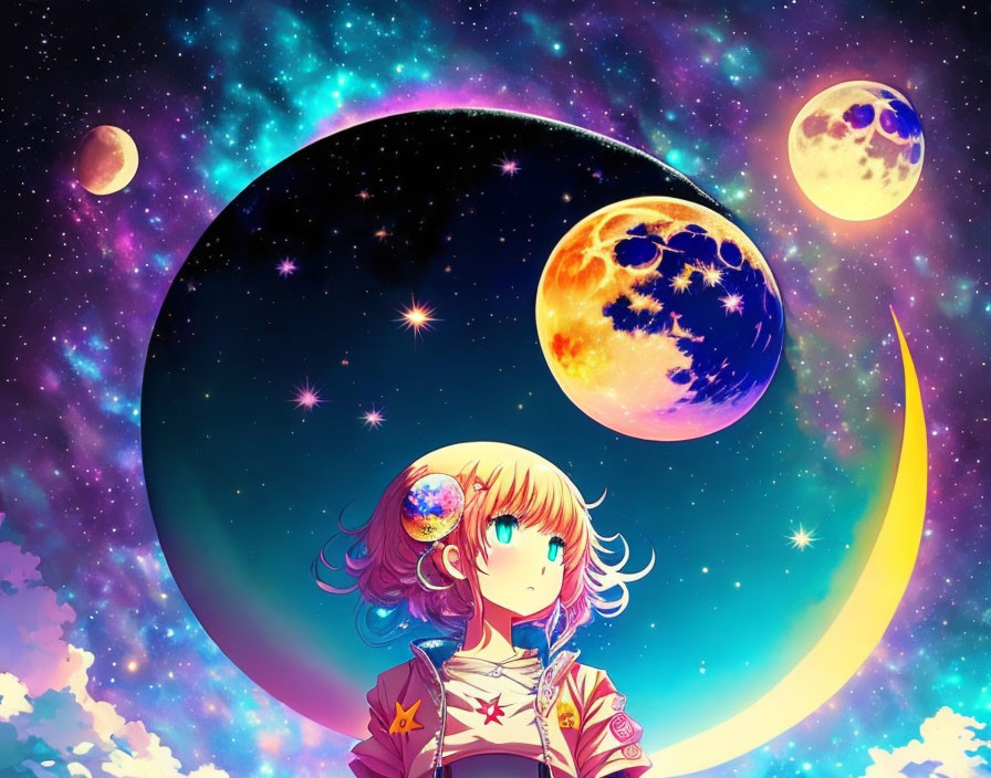 Vibrant cosmic-themed illustration with girl and planets