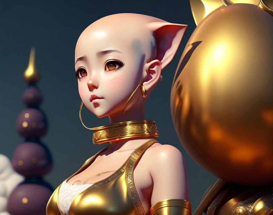 Stylized 3D illustration of female figure with cat ears in golden attire