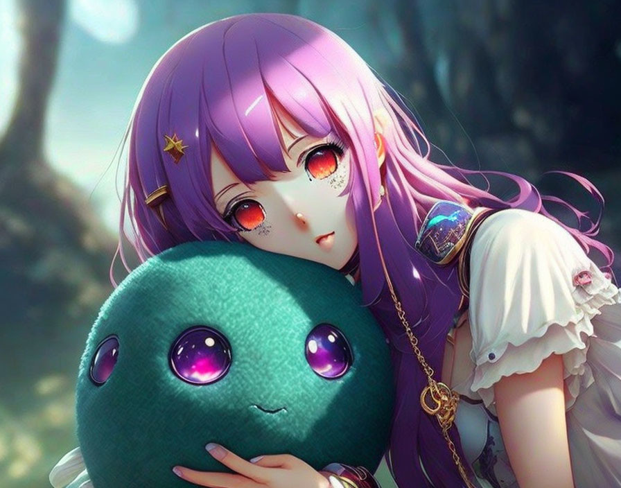 Purple-haired girl hugging green plush creature with orange eyes and sparkles