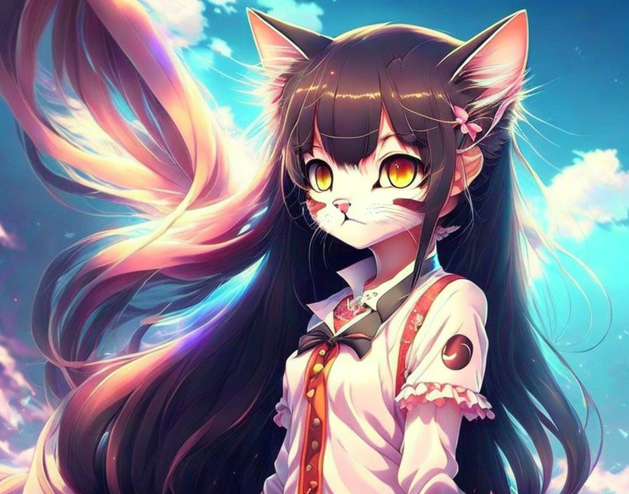 Cat-eared female character with long hair and expressive eyes in anime style against vibrant sky.