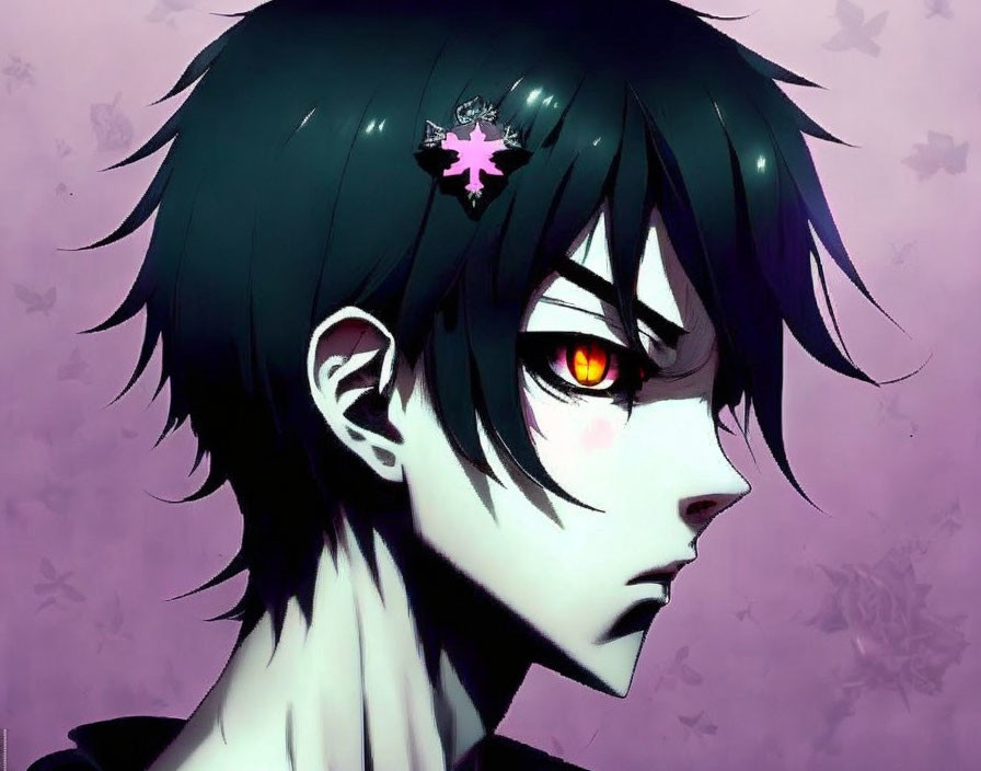 Illustrated character with black hair and unique eyes in shadowy background with butterflies.