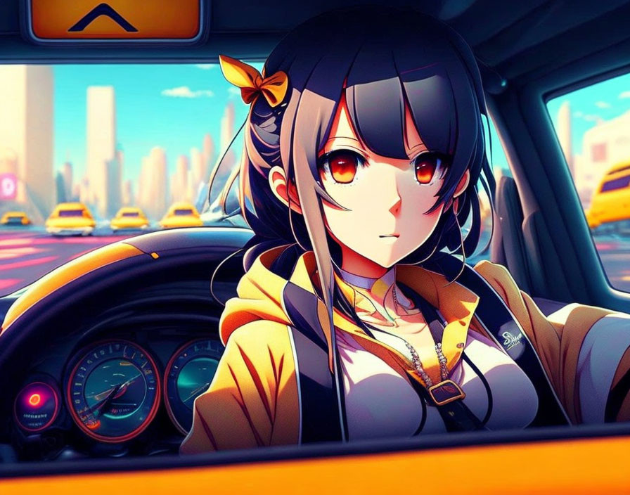 Red-eyed animated character in car with black hair ribbon, vibrant cityscape at sunset