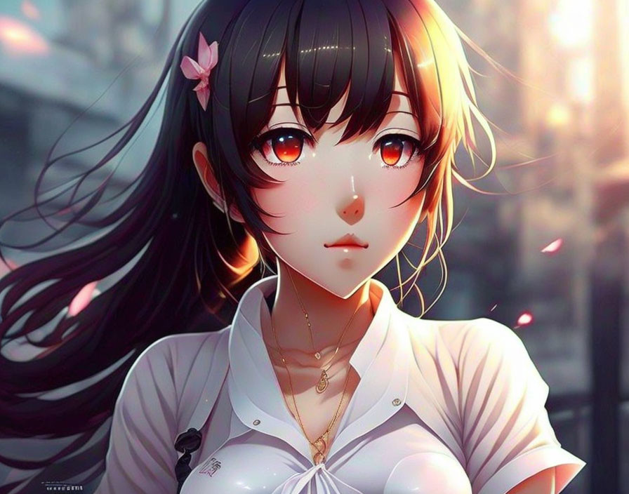 Anime girl with black hair, red eyes, pink flower, white shirt, city backdrop