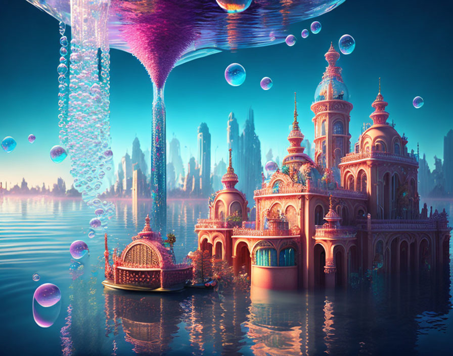 Fantastical Pink and Golden Cityscape with Water and Whirlpool